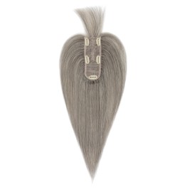 Hairro Human Hair Topper with Wispy Bangs, Clips on 360° 3D Cover Real Hairpieces Lightweight, 2.25"x6" Base for Women with High Hairline/Thinning Hair, 12 Inch Blondish Grey Mix Silver