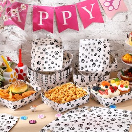 Mifoci 48 Pcs Dog Paw Party Paper Food Trays 5 lb Large Paper Food Boats Disposable Snack Trays for Burger Fries, Birthday, Puppy Theme Party Supplies (Black,Classic Style)