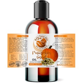 Aceite de semillas de calabaza. 236 ml Prensado en frío. Sin refinar. Orgánico. 100 % puro. Antienvejecimiento. Sin hexano. Combate las arrugas y suaviza el cabello. Hidratante natural. Para cabello, cara, cuerpo, barba, estrías.