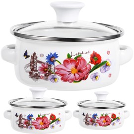 Enamel Stock Pot with Lid, 3pcs Retro Flower Stew Bean Cooking Pots Enamelware Pasta Pots, Flat Bottom Soup Pot with Dural Handle for Cookers Gas Stove, Dishwasher Safe (Diameter: 8/7/6inches)