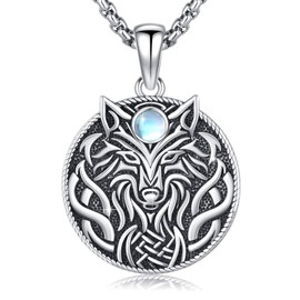 Viking Wolf Necklace 925 Sterling Silver Moonstone Wolf Necklace with Celtic Knot Round Pendant Viking Animal Wolf Jewellery Gift for Men Women, Sterling Silver, No Gemstone