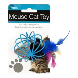 Duke's 2.5" Feathered Mouse in Ball Cage Cat Toy, Assorted