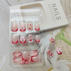 24Pcs Cute Press on Nails Short Petite False Nails Red French Tip Fake Nails 3D Bow Charms Glue on Nails Strawberry Full Cover Artificial Acrylic Nails Nude Pink Stick on Nails for Women Girl Manicure