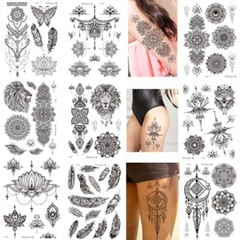 9 Sheets Black Henna Temporary Tattoos For Women Girls Adults, Waterproof Feather Mandala Flower Fake Body Art Arm Sketch Tattoo Stickers