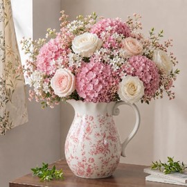 Jarrón floral rosa con asa de 7.9 pulgadas retro rústico chinoiserie florero floral de cerámica agrietada con hielo soporte grande para decoración del hogar, estantería, oficina, sala de