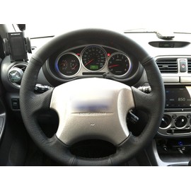 RedlineGoods steering wheel cover compatible with Subaru Outback 2000-04. Tailor made - not universal! Genuine top-grade Italian Black perforated leather with Tan thread