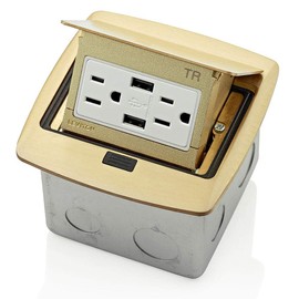 Leviton Pop-Up Floor Box with Dual Type A, 3.6 USB Charger, 15 Amp Outlet, Brass, PFUS1-BR
