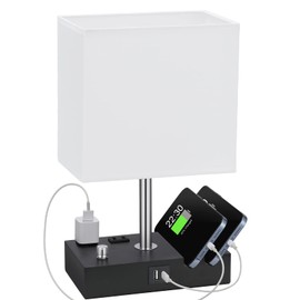 Kakanuo Table Lamp for Bedroom with Dual USB Ports, White Fully Dimmable Bedside Lamp with Phone Stands and 2 Charging Outlets, Desk Lamp for Nightstand and Living Room, LED Bulb Included