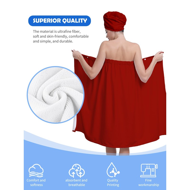 Women's Bath Towel Wrap Set with Hair Turban, Red, Microfiber,