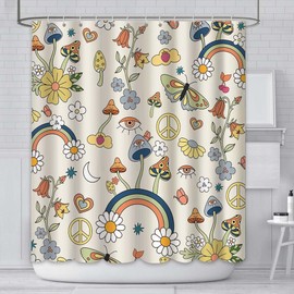 AIBIIN 180x180cm Mushroom Shower Curtain Boho Floral Washable Waterproof Fabric Bath Curtains Set Hippie 70s 80s Funky Groovy Aesthetics Retro Curtains for Bathroom with 12 Hooks