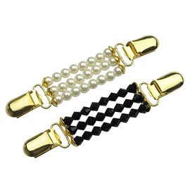 CAREOR 2 Pack Gold & Silver Sweater Clips, Beaded Cardigan Clips, Stylish Pearl, Cardigan Collar Clip (Black+White)