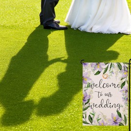 Welcome To Our Wedding Garden Flag 12.5x18 Inch Double Sided Outside,Purple Floral Marriage Welcome Party Yard Outdoor Decoration