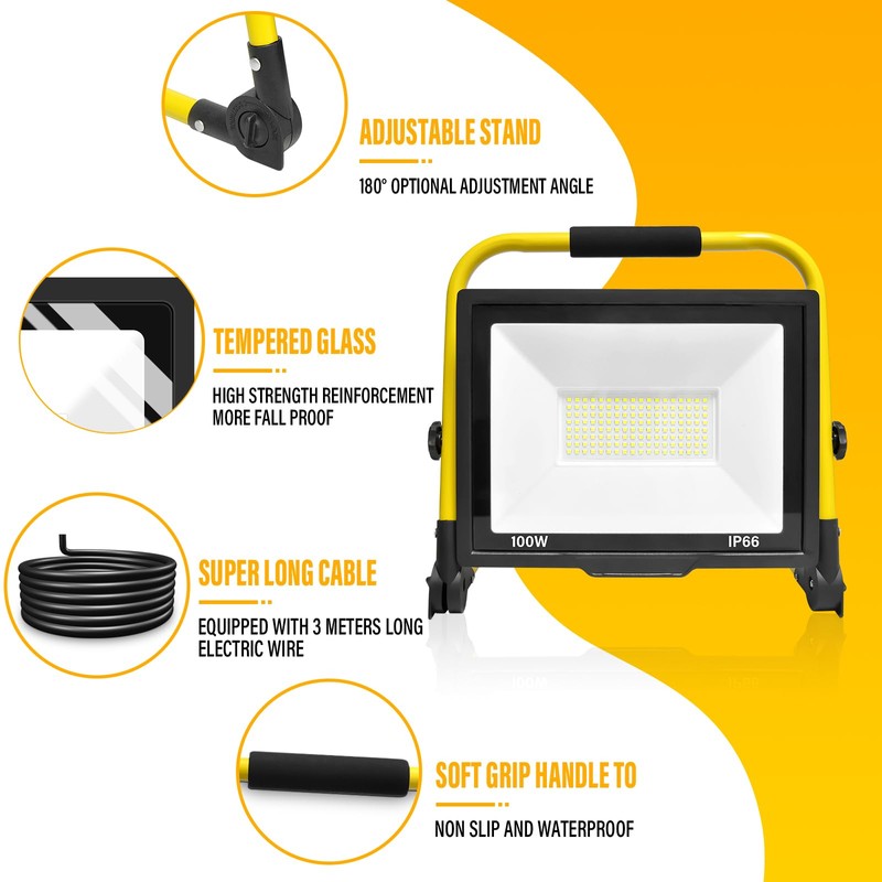 YOJZMA 100W Work Light 10000 LM LED Construction Spotlight Outdoor