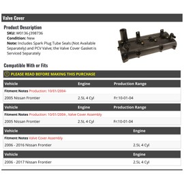 Valve Cover with Spark Plug Tube Seals and PCV Valve - Compatible with 2005-2017 Nissan Frontier 2.5L 4-Cylinder (From 10/01/2004)
