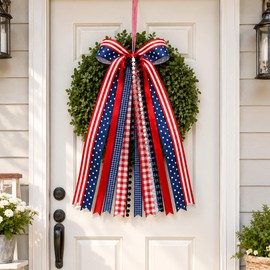 Large Patriotic Wreath Sash with Clip, 4th of July Red White and Blue Ribbon Bow for Front Door, Independence Day Memorial Veterans America 250th Anniversary Decorations