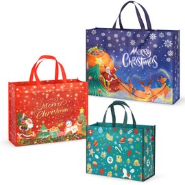 Aviski 3PCS Giant Christmas Gift Bags, Assorted Sizes, Heavy Duty Tote Grocery Treat Sewing Non-Woven Jumbo Bags with Handles for Gifts Wrapping Shopping, Xmas Party Supplies
