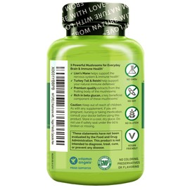 NATURELO Mushroom Supplement – Brain & Immune Health Blend with Lion’s Mane, Reishi, Turkey Tail – 90 Vegan Friendly Capsules (Pack of 2)
