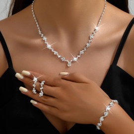 silver Wedding Jewelry Sets for Women Bridesmaid Gifts Silver Crystal Wedding Dresses Accessories for Bride Wedding Costume Bridal Earrings Necklaces for Women Prom Party Jewelry Gifts