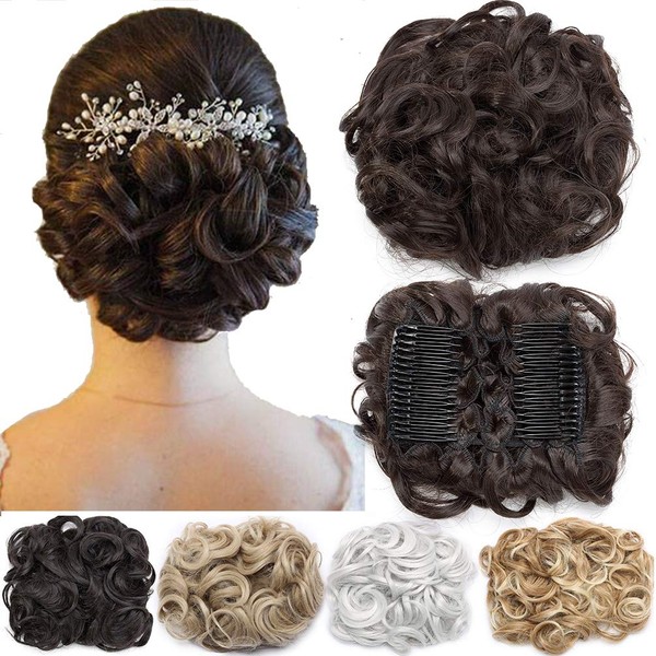Short Messy Curly Dish Hair Bun Extension Easy Stretch hair Combs Clip in Ponytail Extension Scrunchie Chignon Tray Ponytail Hairpieces Medium Brown