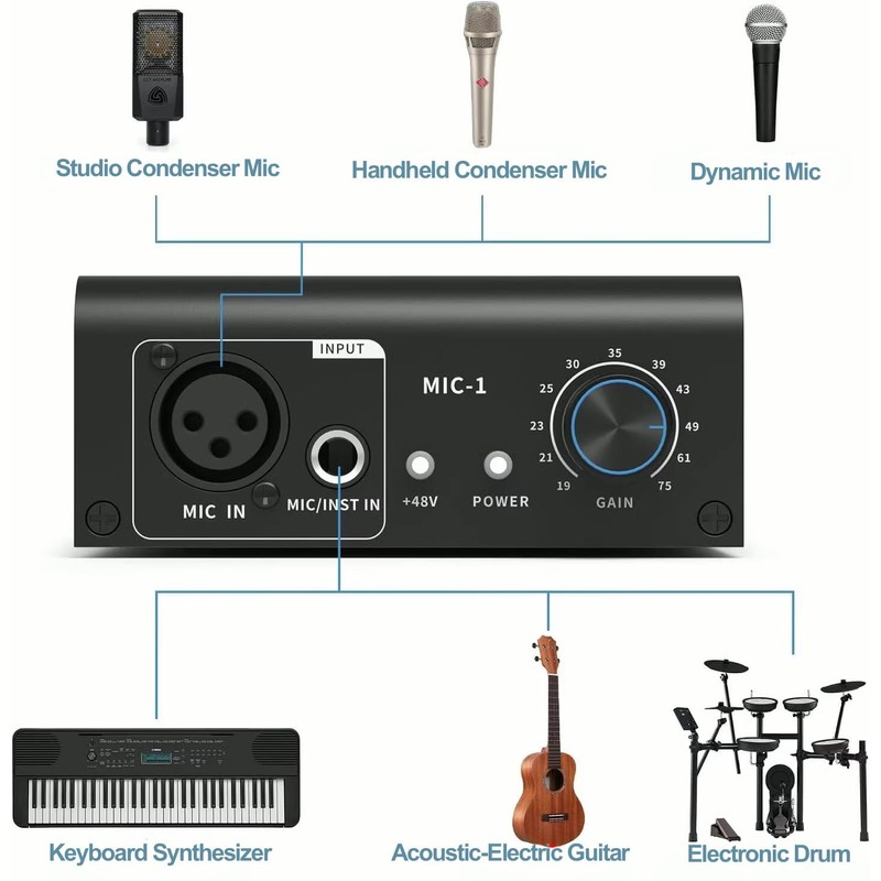 Microphone Preamp, Dynamic and Condenser Mic Pre amp Booster with