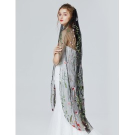 BEAUTELICATE Bridal Veil with Flowers Embroidery for Bridal Wedding Carnival Hair Accessories Black White with Metal Comb 1 Layer Roller Length - Secret Garden - White Tulle