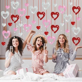 36 Pcs Valentine's Day Decorations Glitter Heart Hanging Swirls - No DIY Red Pink Silver Heart Hanging Decorations Party Decoration Swirls Ornaments for Valentines Day Party Supplies Decorations