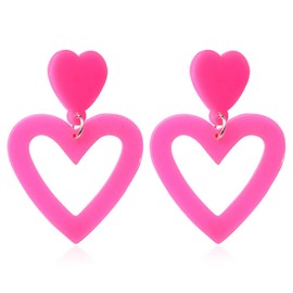 2024 Summer Hot Pink Love Heart Earrings for Women Y2K Double Heart Red Dangle Earrings Lightweight Acrylic Earrings Jewelry for Valentine's Day Wife Mom Her-Rose Red