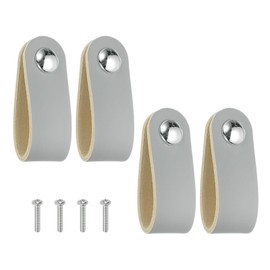 PATIKIL Leather Drawer Pulls, 4 Pcs Leather Handle Single Hole Cabinet Dresser Knobs with Screws for Bathroom Kitchen Dresser Cupboard Door, Gray