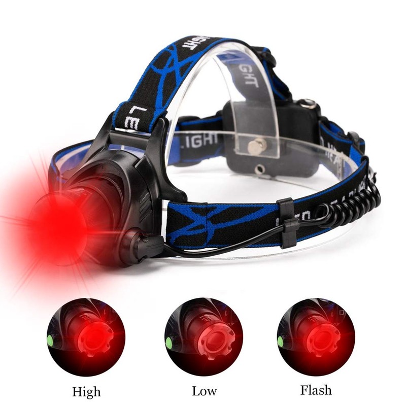 GaiGaiMall Hunting Red Light Headlamp Zoomable LED Headlight with 3