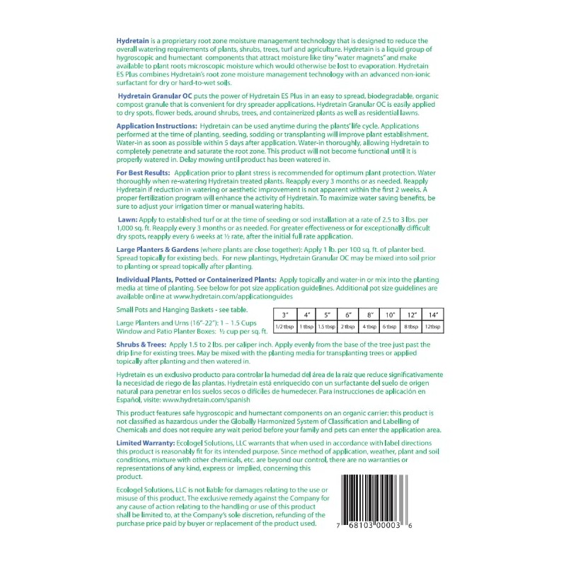 Hydretain Root Zone Moisture Manager - Drought Protection and Moisture