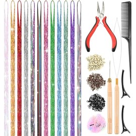 Leuceiy 12 Colors Hair Tinsel Kit, 48 Inch Hair Extensions With Tool, 3600 Strands Sparkling Dazzle Glitter Shiny Fairy Hair Heat Resistant for Girls 