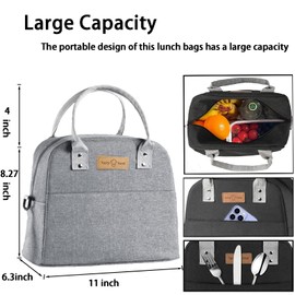 FERNYE Insulated Lunch Bag for Women/Men,Waterproof Portable Lunch Tote with Adjustable Strap Reusable,Designed for Adults,Students,Thermal Cooler Bag Ideal for Work/School/Travel/Picnic (Grey)