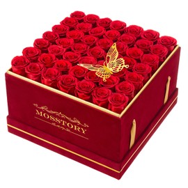 Mosstory Preserved Roses in a Box 49-Piece Forever Flowers Gifts for Women Wife Mother Day Christmas Anniversary (Red Roses, Square Burgundy Suede Box)
