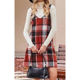 Cupshe RED PLAID Fall Mini Dress Sleeveless A Line Overalls M NWT Pockets Casual