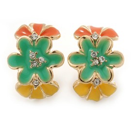 Orange/Green/Yellow Crystal Floral Clip On Earrings In Gold Plating - 22mm Length