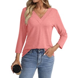 TICTICMISS 3/4 Sleeve Tops for Women V Neck T Shirts Casual Basic Tees Blouse Loose Fit Tunics Tops Coral