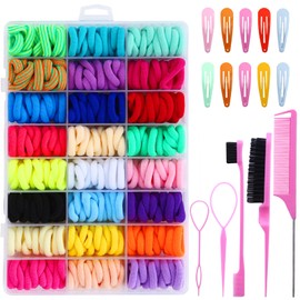Hair Accessories Set for Girls, 400 Elastic Hair Bands, 10 Hair Clips, Styling Tools, Multicolour