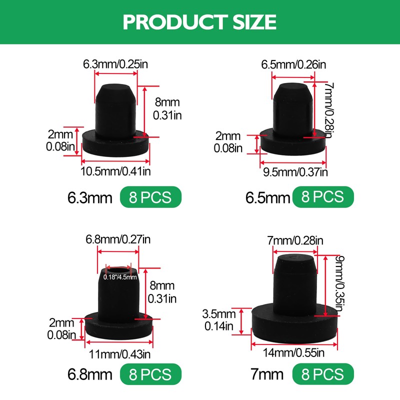 EASYEAH 4 Sizes 6.3/6.5/6.8/7 mm T-Shaped Silicone Plugs 1/4 inch