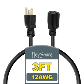 HeyYance 3 Ft Heavy Duty Outdoor Extension Cord Waterproof, 12/3 SJTW 15A 1875W Black Extension Cable with 3 Prong Grounded Plug, Waterproof Electric Cable for Lawn, Garden, Appliances