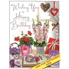 Jonny Javelin Female Wishing You A Happy Birthday Card - Flowers Window Presents