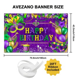 Avezano Mardi Gras Birthday Party Decorations Mardi Gras Birthday Backdrop Carnival Masquerade Birthday Banner Booth Backdrop for Mardi Gras Party Supplies 70.8x43.3 inch