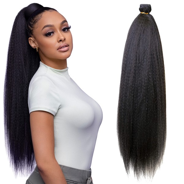 Darling Kinky Straight Ponytail Hair Extension (1 Pack), Natural Black & Soft Texture, Drawstring Wrap Around Clip in Yaki, 1X per Pack, 26 Inch, 1B