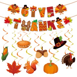 TIHEBAX Thanksgiving Decorations Thanksgiving Party Decorations Set Pre-Assembled GiveThanks Banner with 8PCS Hanging Swirls Thanksgiving Decorations Indoor&Outdoor Maple Turkey Home School Office