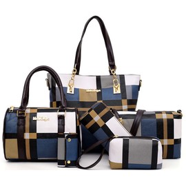 Bolso de mano para mujer de piel sintética a cuadros con asa superior, Azul / Patchwork, Talla unica