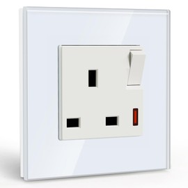 BSEED Single Socket 13A with LED Indicator, Single Switched Wall Socket 1 Gang UK Standard, Electric Switched Plug Power Wall Outlet with Glass Panel, White