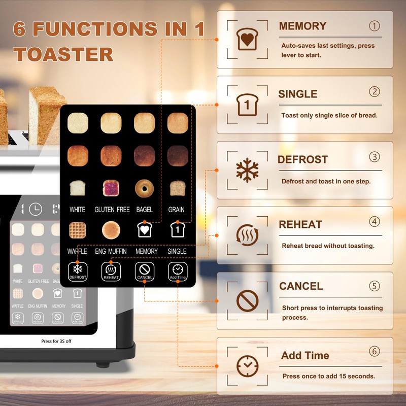 4 Slice Toaster Touch Screen, Stainless Steel Toasters Digital Timer,