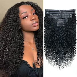 Seamless 3C 4A Kinky Curly Clip In Extension PU Weft Curly Clip in Extension Human Hair Clip Ins Full Head for Black Women Brazilian Remy Human Hair Natural Color 8Pcs with18clips 120g/Set (20 inch)