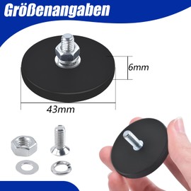 Pack of 10 Neodymium Magnets with M6 Threaded Bolts, 43 mm Round Magnet for Screw-On Rubberised Magnets for Vehicles Lamps Instruments and Devices