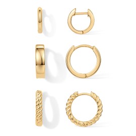 PAVOI 18K Yellow Gold Plated Sterling Silver Posts 4 Pairs Small Hoop Earrings Set | Plain Rope Wide Huggie Hoop Pack Earscape for Women 15mm 14mm 12mm