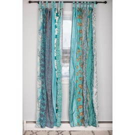 YILLE Silk Sari Colorful Curtains Indian Vintage Light-Filtering, Boho Decorative Sheer Curtain Panel, Tapestry, Tab Top Window Treatment,Turquoise Blue Patchwork Curtain-1 Piece (84 X 43 Inches)